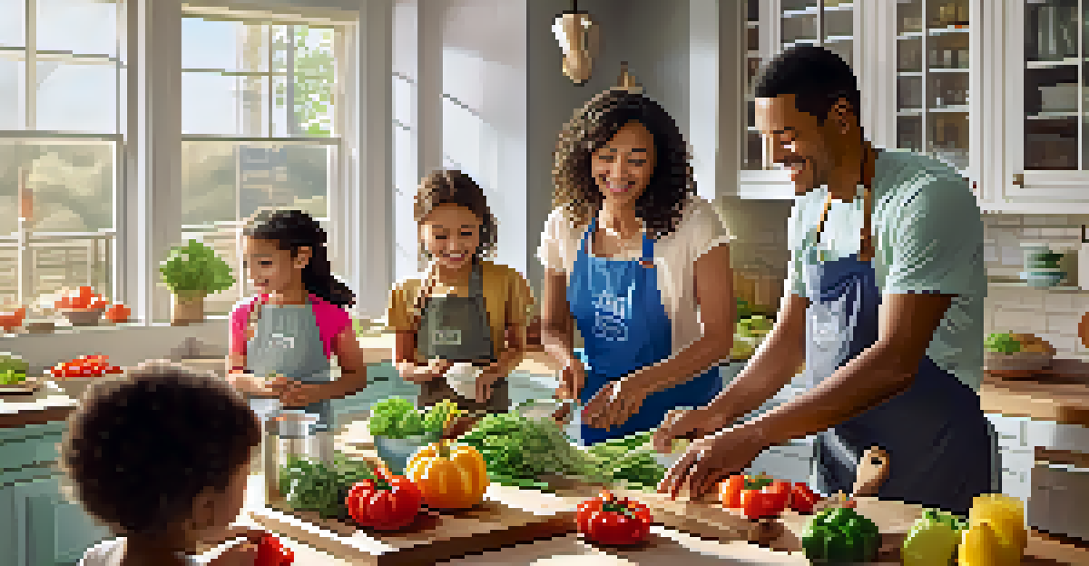 Families cooking together in a vibrant kitchen during a nutrition education class.