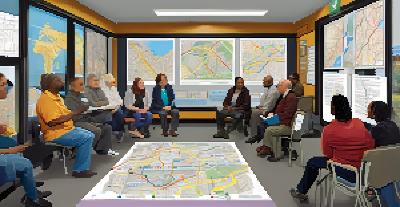 A community meeting focused on public transit accessibility, with diverse attendees discussing improvements with transit officials in a collaborative setting.