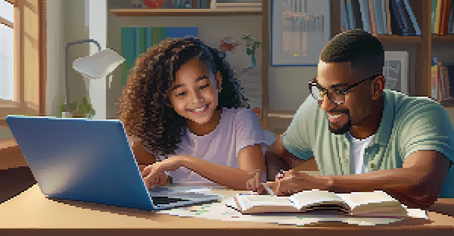 A parent and child discussing school options together at a table with a laptop and educational materials.