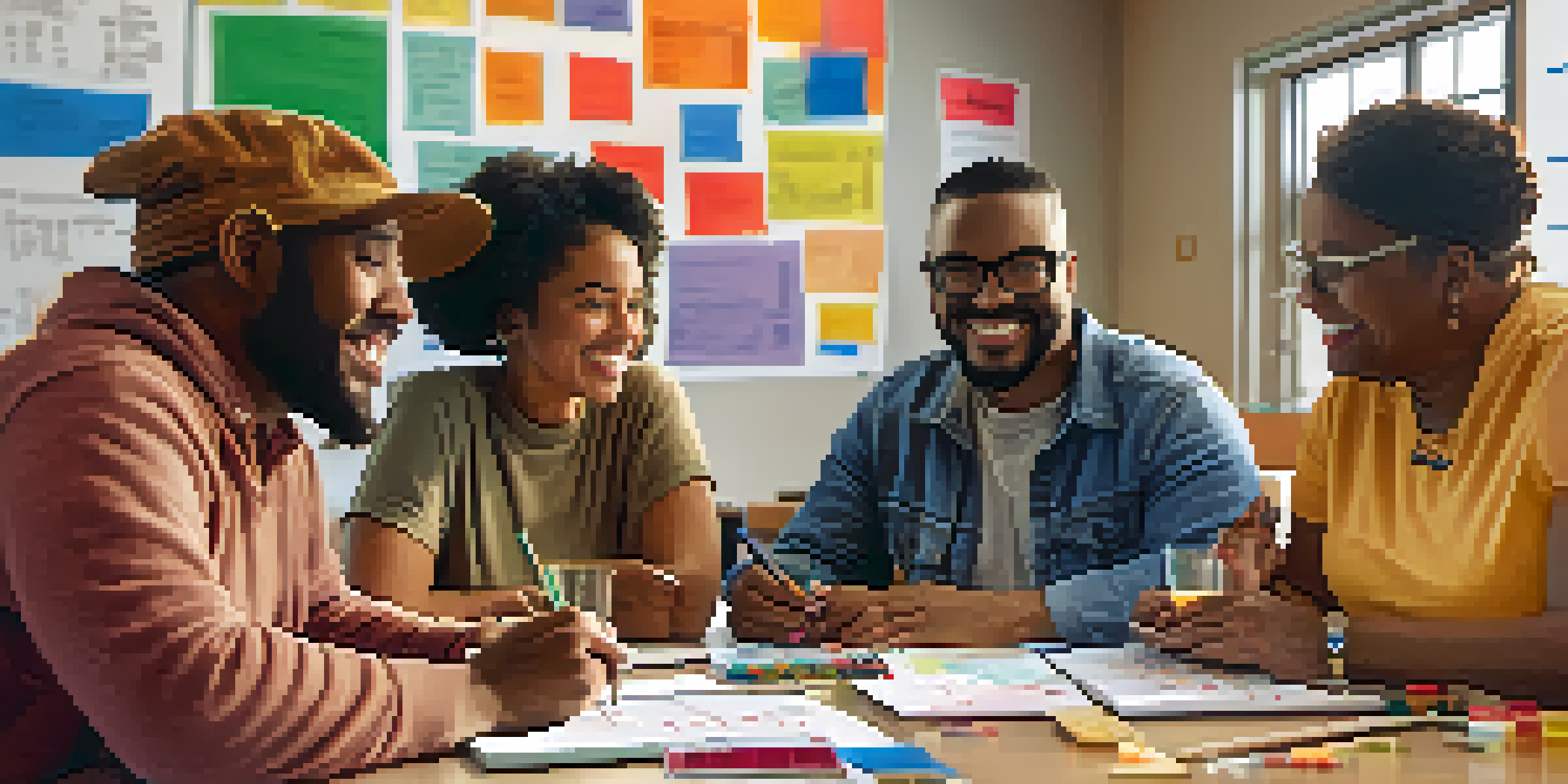 A diverse group of people in a community center attending a financial literacy workshop, engaging in discussions and taking notes with charts on a whiteboard.