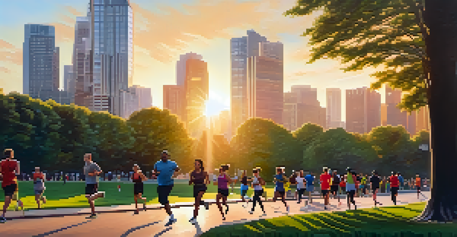 A diverse group of joggers wearing fitness trackers in a city park at sunset, with tall buildings and trees in the background.