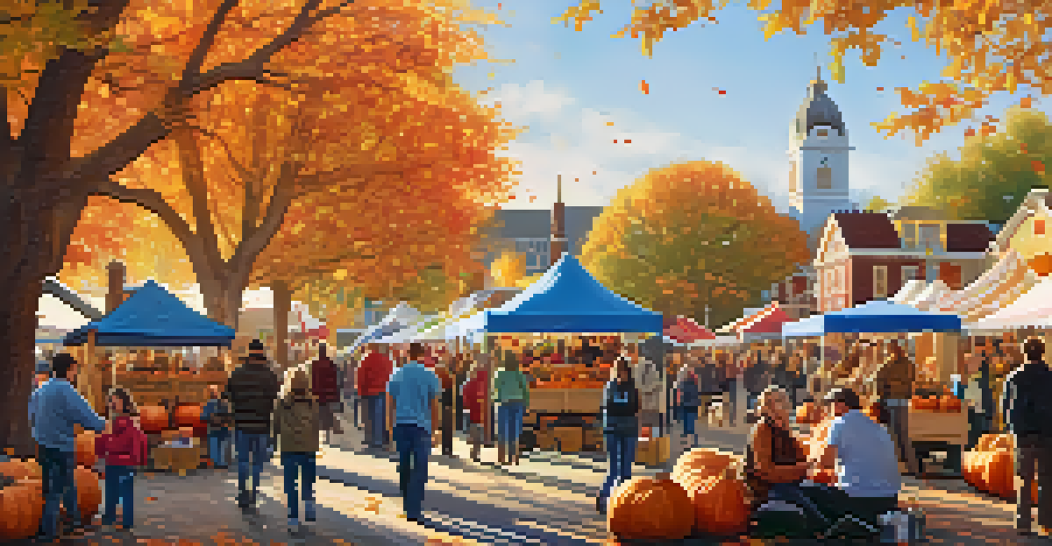 A bustling autumn festival with a market featuring pumpkins and families enjoying hayrides under colorful trees.