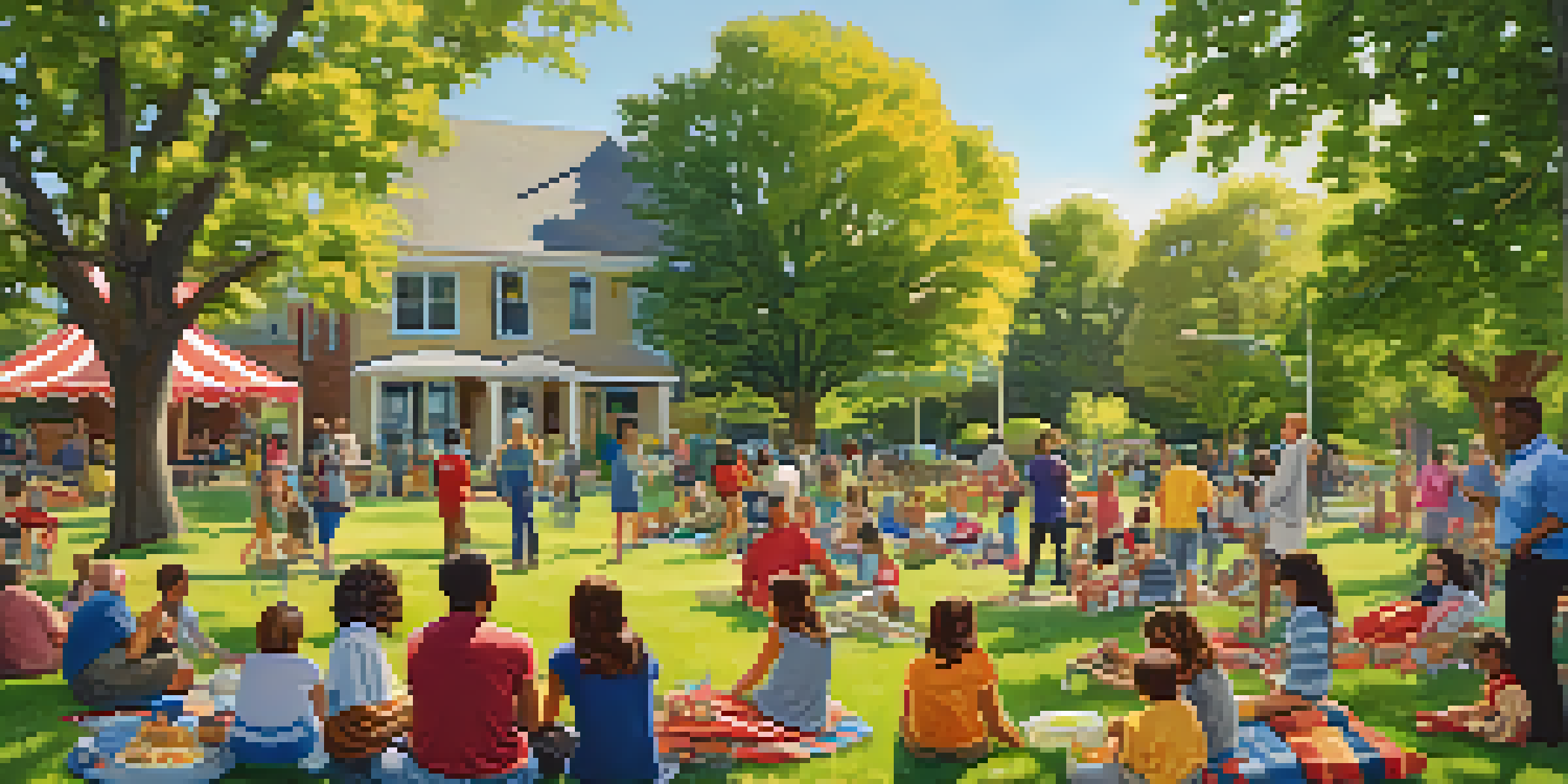 A lively neighborhood gathering with families having a picnic in a sunny park, children playing, and a banner for the Neighborhood Watch.