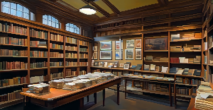 An inviting local history archive with shelves of books and photographs, bathed in warm lighting, where community members are discussing history.