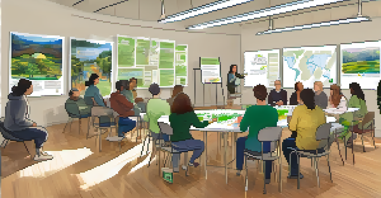 An indoor eco-friendly workshop with local experts teaching engaged participants about sustainability, surrounded by plants and educational materials.