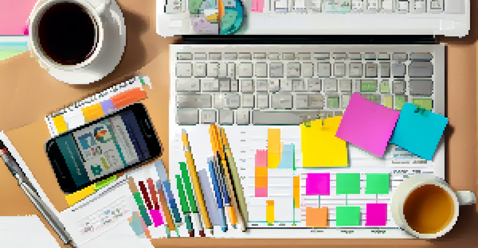 An overhead view of a desk with budgeting tools like a calculator, charts, and a smartphone showing a financial app.
