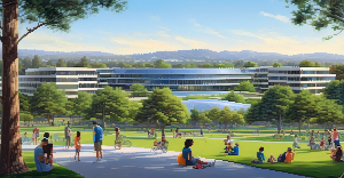 A scenic view of Cupertino with parks and modern buildings, families enjoying the outdoors.