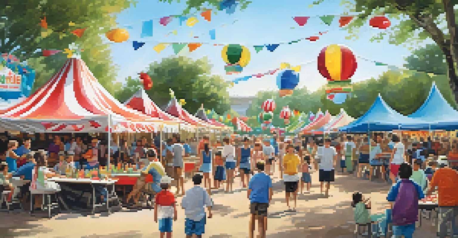 A lively local sports festival with families enjoying food, games, and live music, surrounded by colorful decorations.