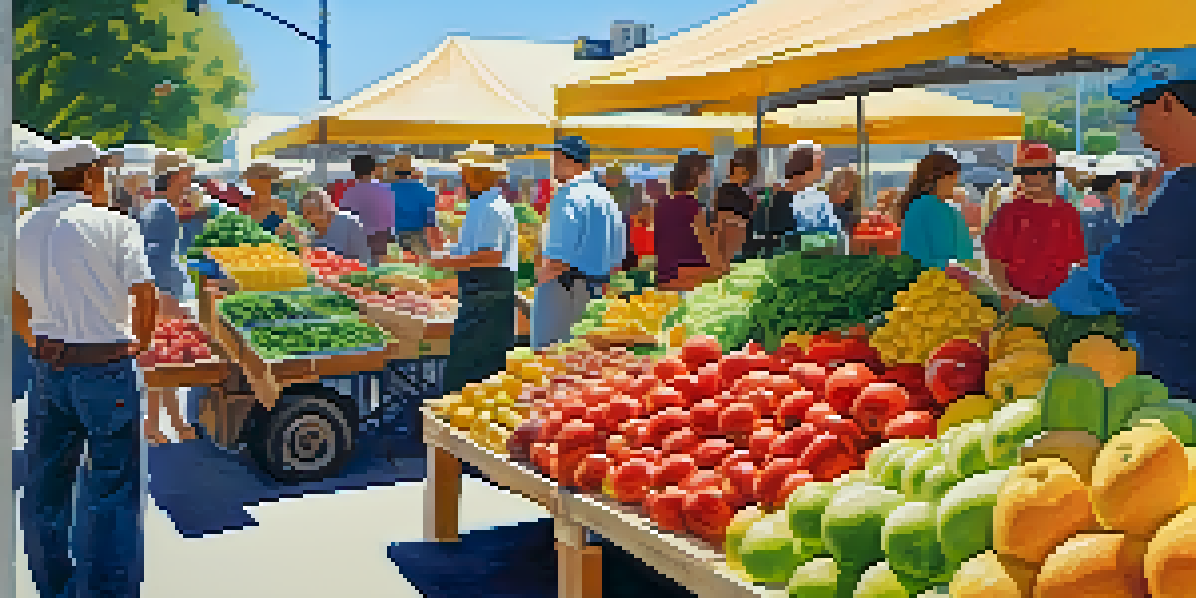 A lively outdoor farmers market in Cupertino with colorful stalls and fresh produce under a clear blue sky.