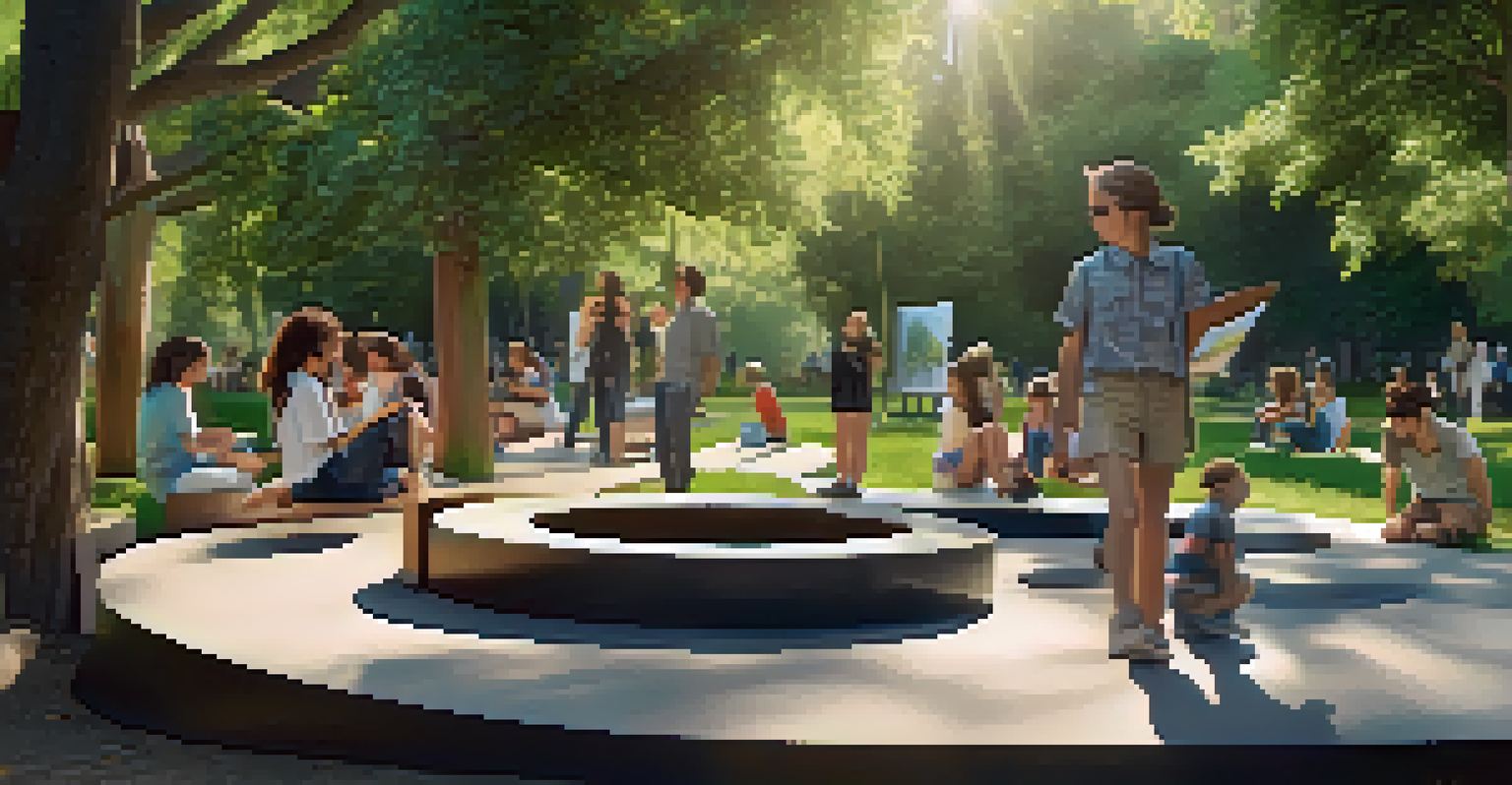 An interactive sculpture made from recycled materials in a park, with people interacting in a natural setting.
