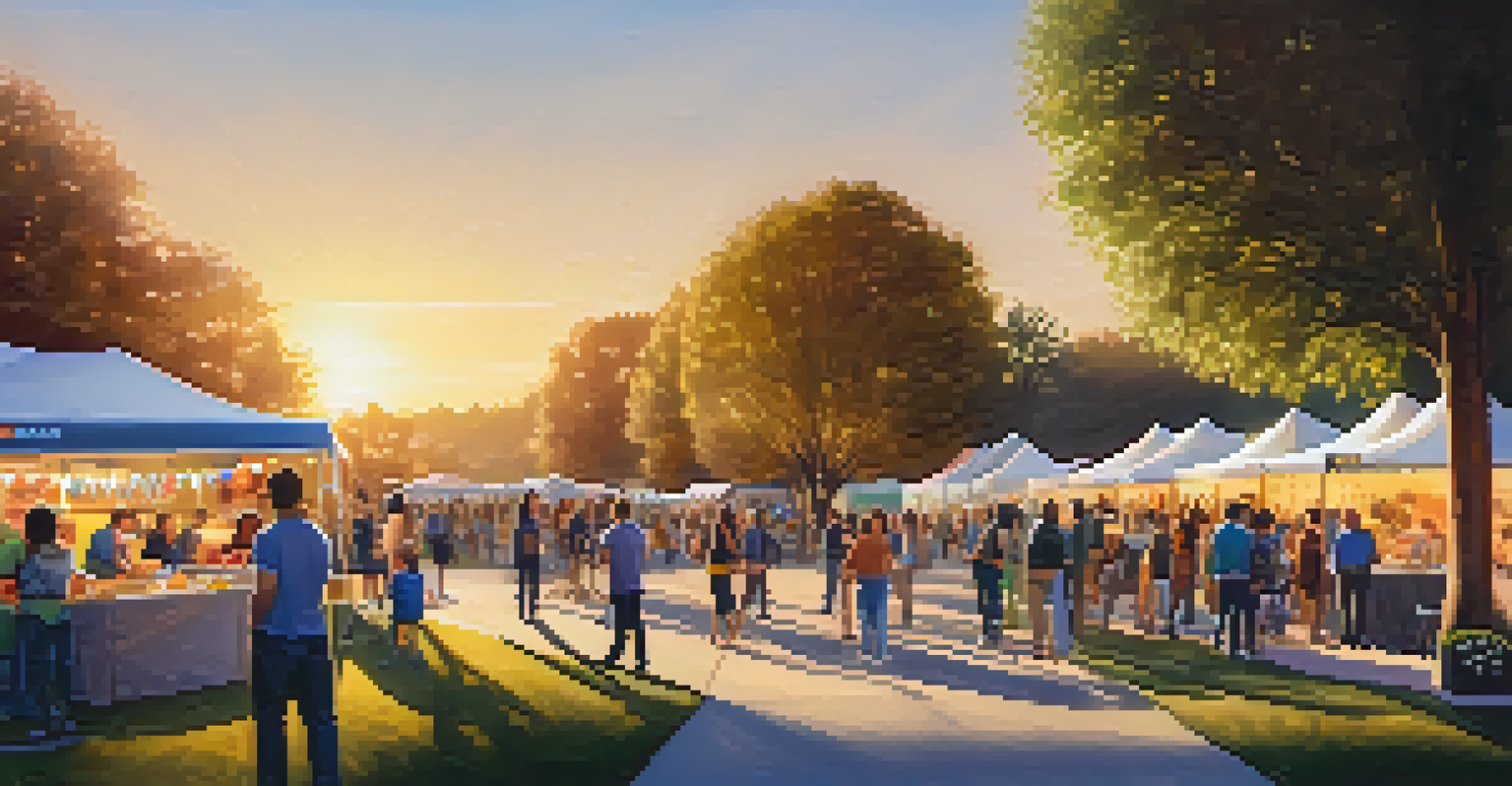 A community event in Cupertino featuring local startups with booths, families enjoying food trucks, and live music under a sunset sky.