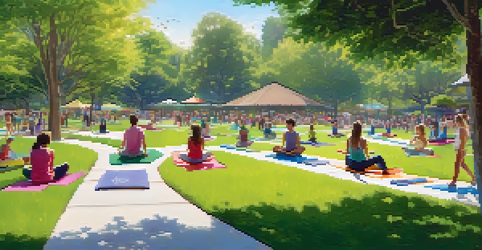 A community park scene in Cupertino with adults practicing yoga, children playing, and joggers on a scenic path.