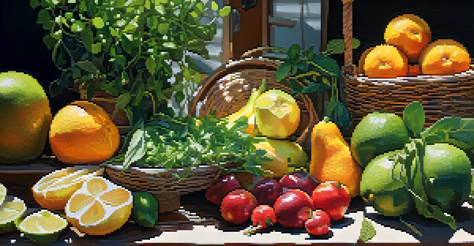 A close-up of fresh herbs and exotic fruits on a wooden table at a farmers market, with warm sunlight enhancing the textures.