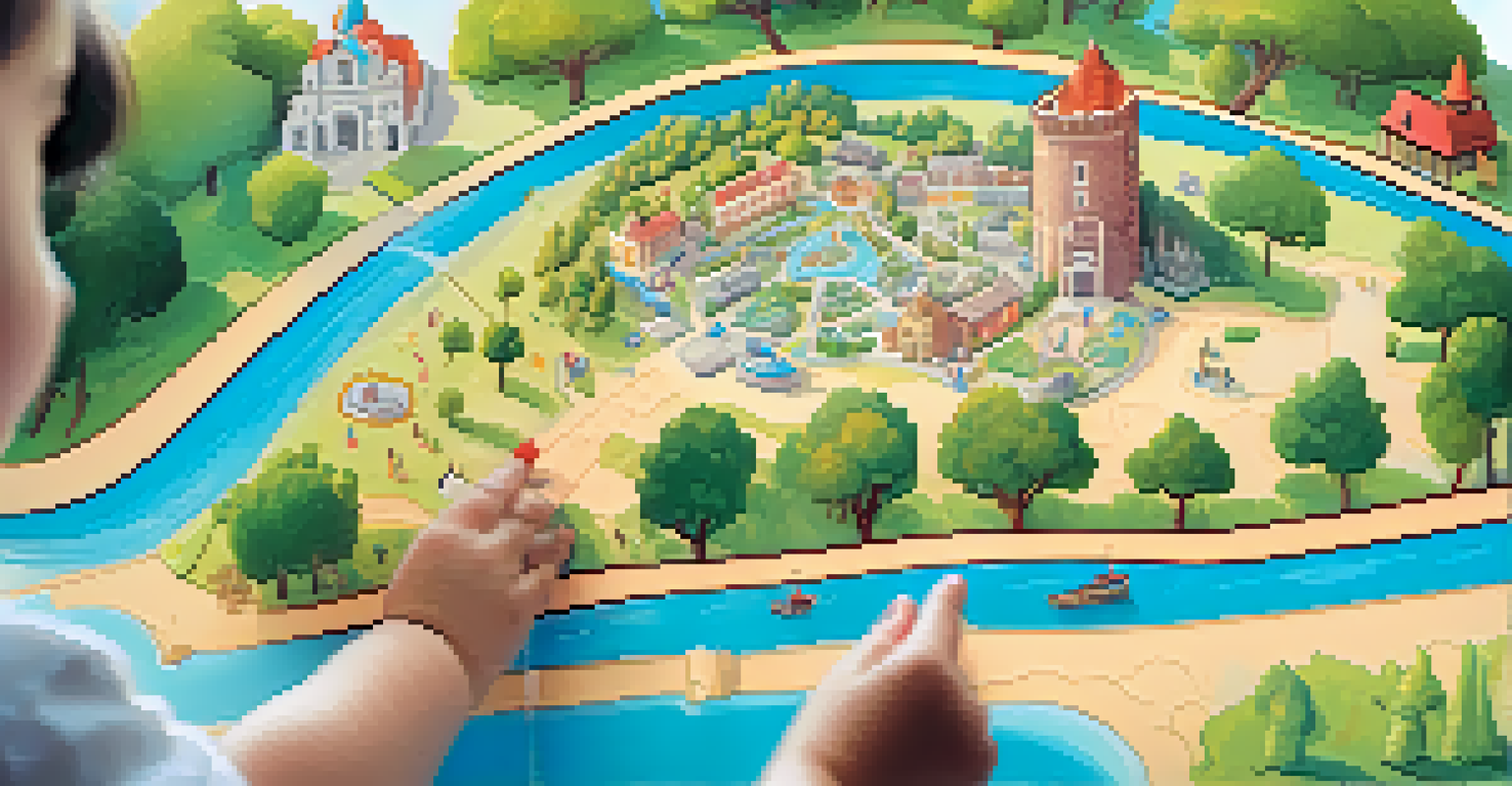 A child's hand pointing at a scavenger hunt map featuring historical landmarks, with sunlight filtering through trees.