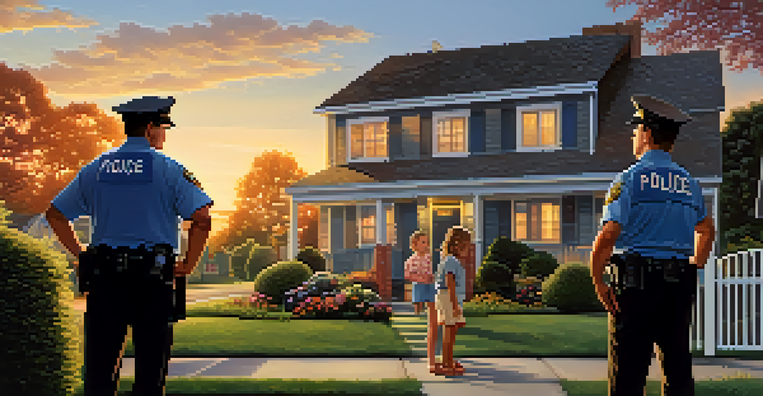 A police officer talking with neighborhood watch members in a friendly neighborhood, with children playing nearby as the sun sets.