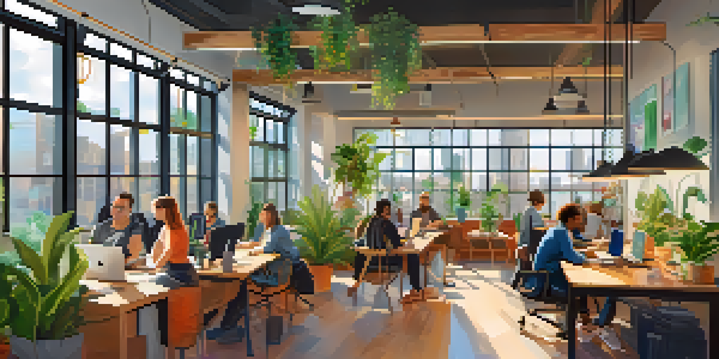 A lively coworking space with diverse remote workers, modern desks, and plenty of natural light.