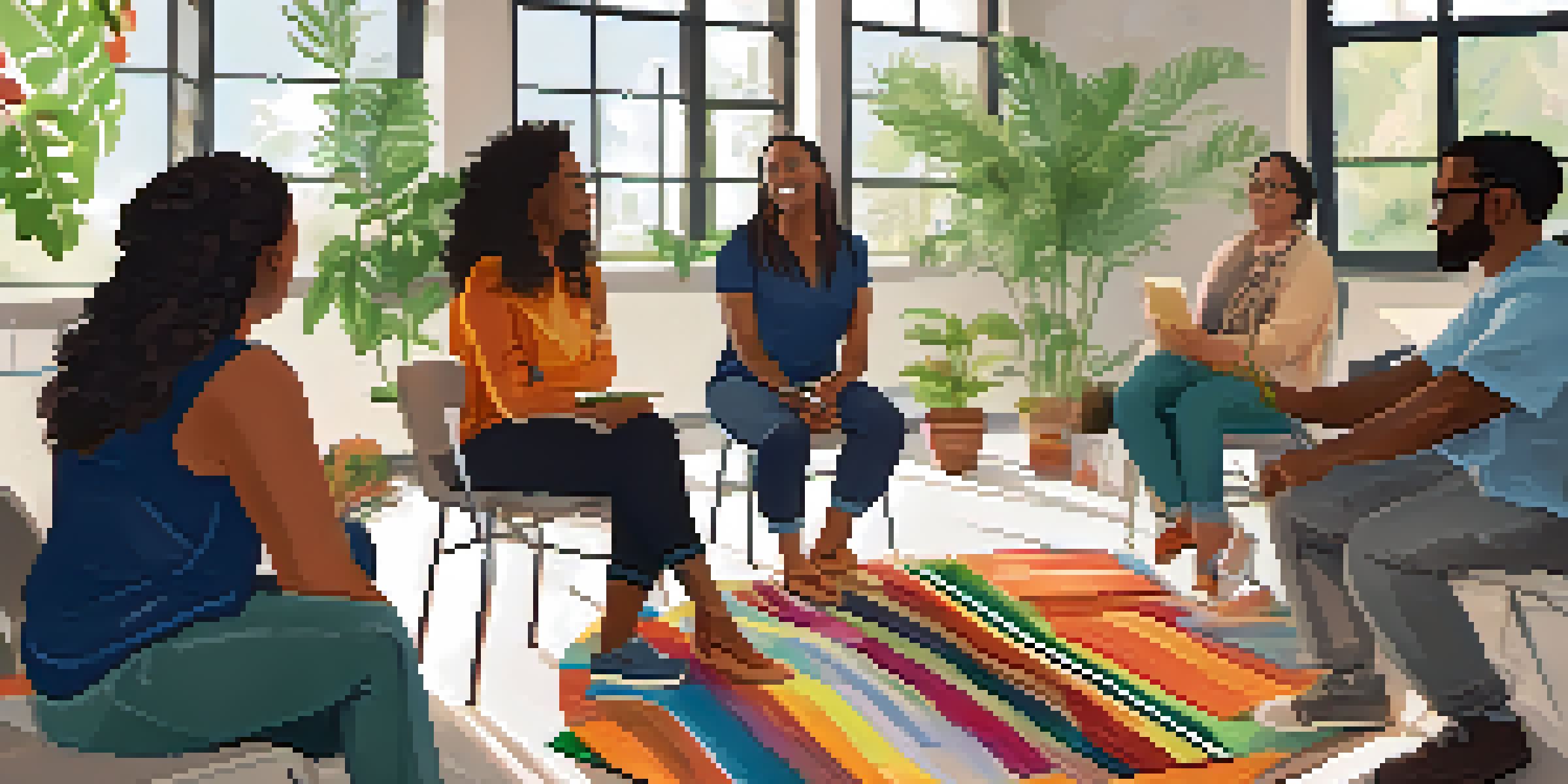A diverse group of individuals participating in a stress management workshop, sitting in a circle with a facilitator in a well-lit room filled with plants.