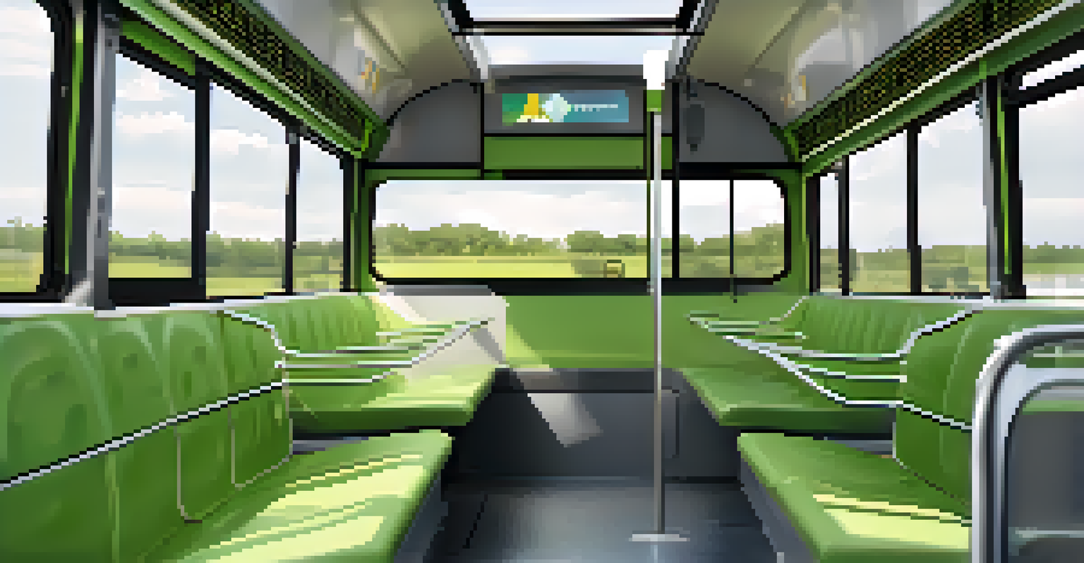 The interior of an eco-friendly bus, showcasing comfortable seating and large windows with a city view.