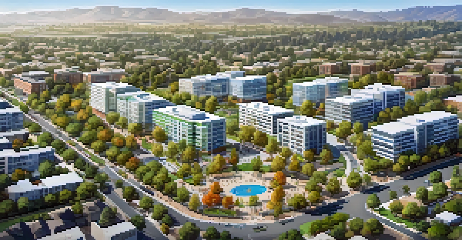 Aerial view of Cupertino showing modern buildings with earthquake-resistant designs and green spaces, highlighting community safety features.
