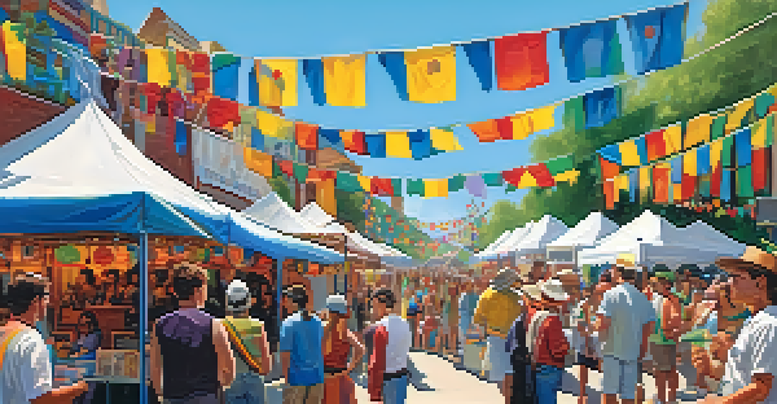 A vibrant arts festival with artists in booths, musicians on stage, and community members participating in workshops under a sunny sky.