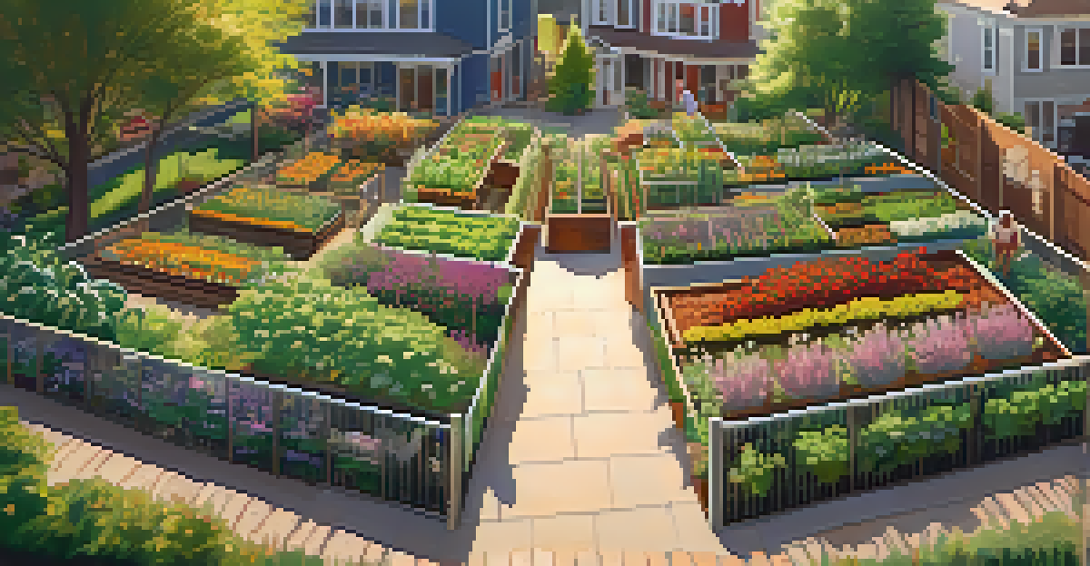 An aerial view of a community garden with raised beds and people interacting.