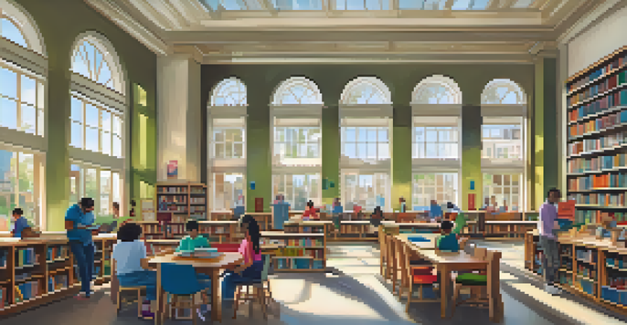 A colorful and lively public library interior with diverse individuals reading, attending workshops, and children participating in storytime, illuminated by natural light.