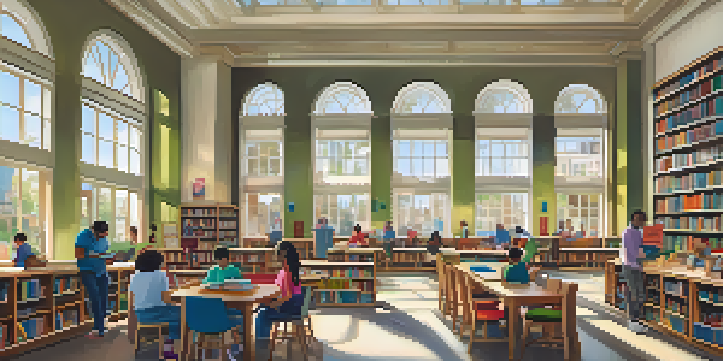 A colorful and lively public library interior with diverse individuals reading, attending workshops, and children participating in storytime, illuminated by natural light.
