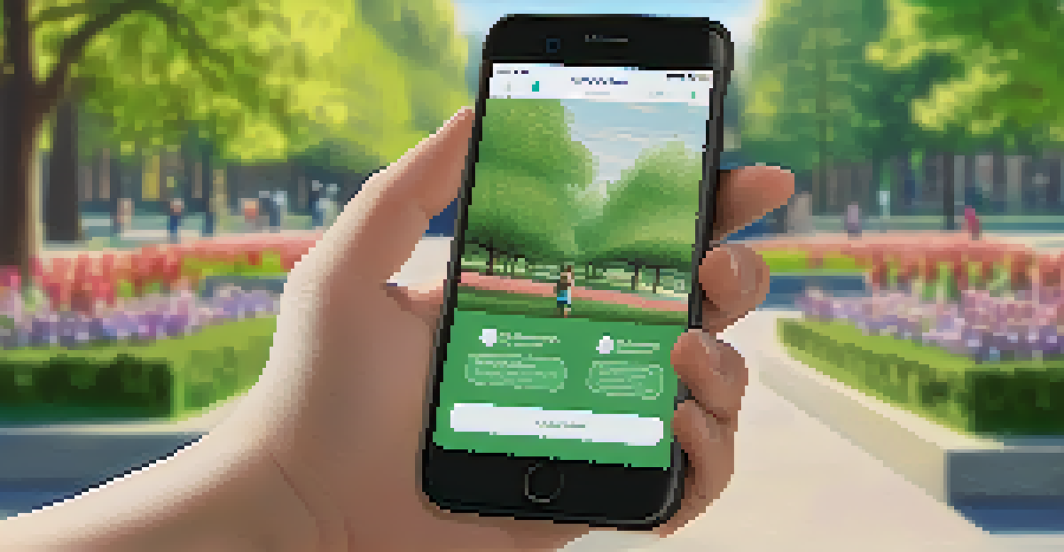 A close-up of a person's hands holding a smartphone showing a mental health app, with a peaceful park in the background.