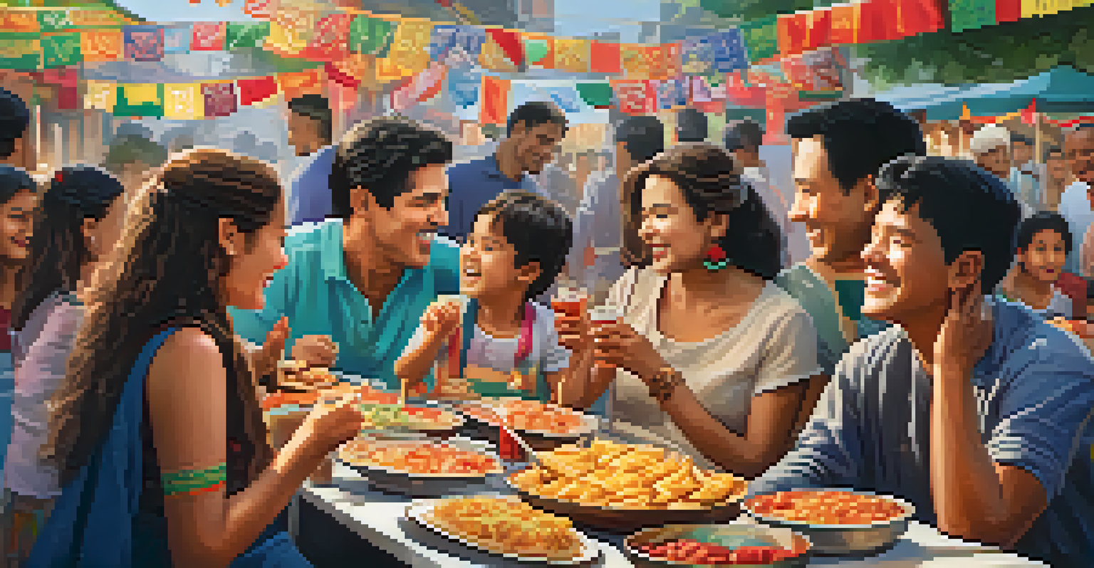 A family enjoying traditional street food at a cultural festival with a variety of dishes on a long table.