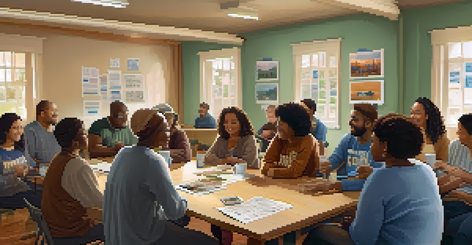 A warm and inviting volunteer meeting in a community center with diverse individuals discussing projects around a table.