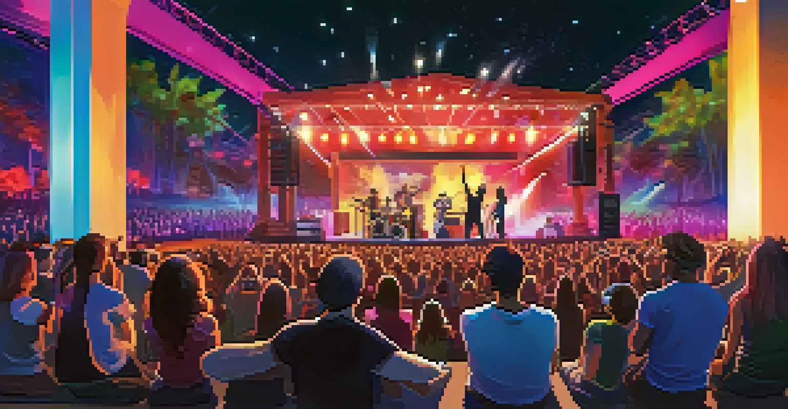 A virtual outdoor concert scene with colorful lights, an engaging audience, and a starry night sky.