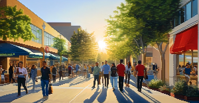 A busy street in Cupertino with diverse professionals walking, modern office buildings, and a sunset glow.