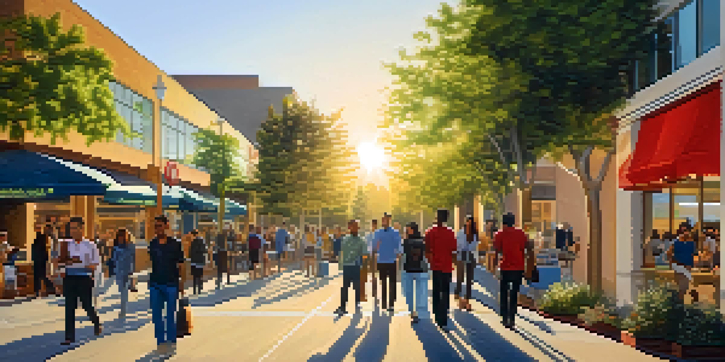 A busy street in Cupertino with diverse professionals walking, modern office buildings, and a sunset glow.