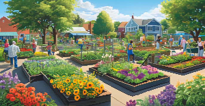 A lively community garden with neighbors planting and watering plants, featuring colorful flowers and vegetables under a sunny sky.