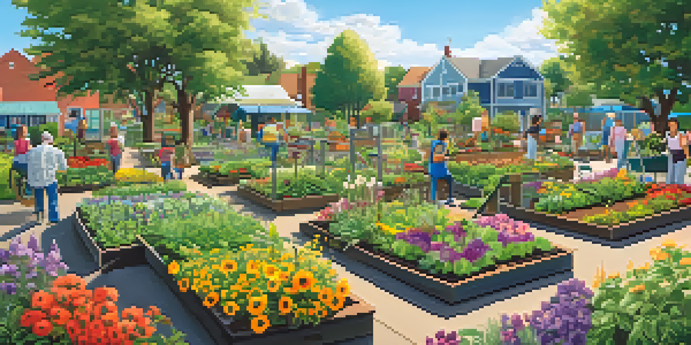 A lively community garden with neighbors planting and watering plants, featuring colorful flowers and vegetables under a sunny sky.