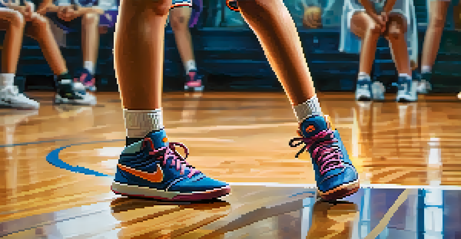 A young girl tying her shoelaces on a basketball court, with a basketball beside her and teammates practicing in the background.