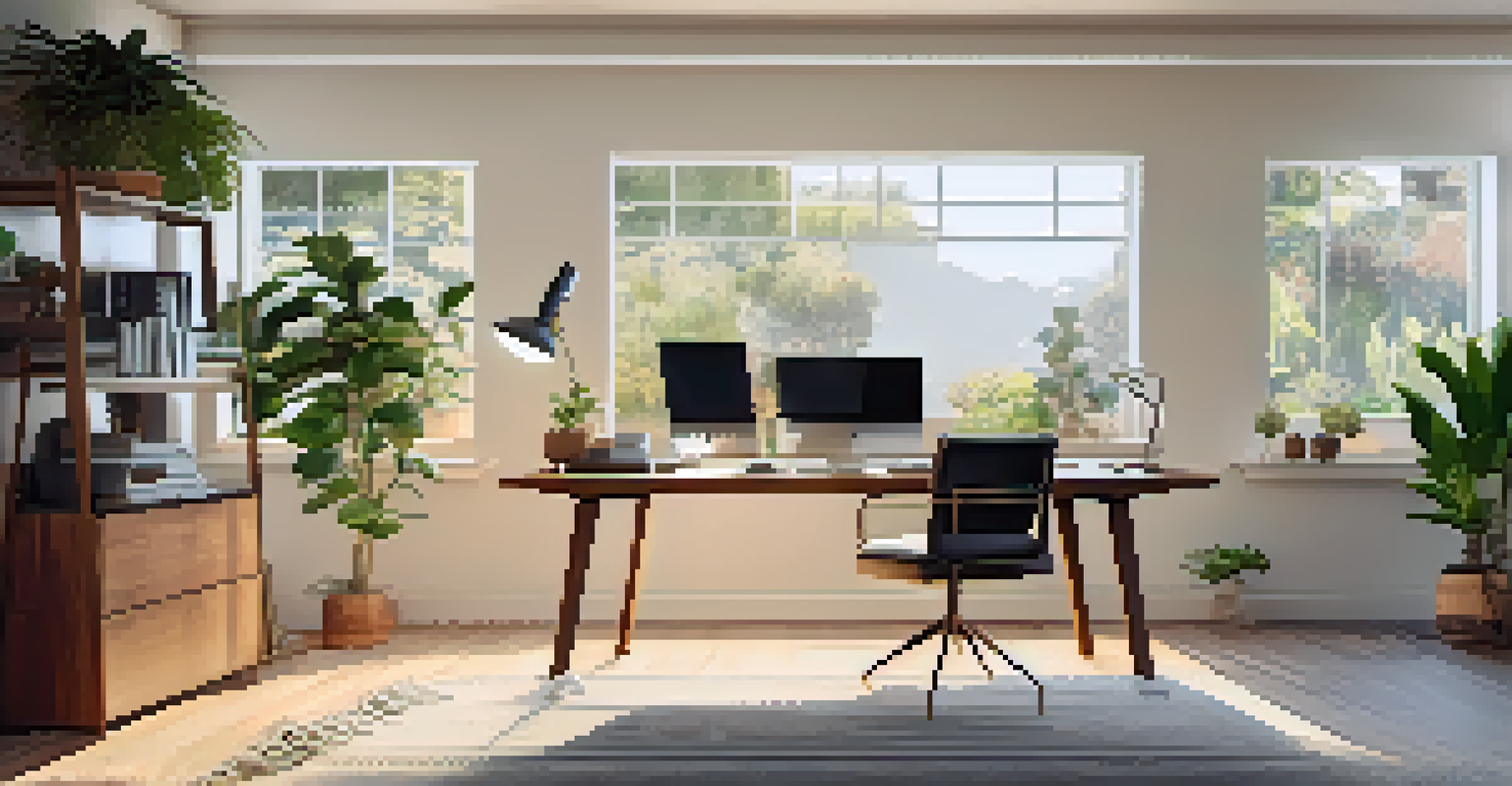 A stylish home office in Cupertino with a desk, laptop, houseplants, and natural light.