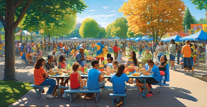 A lively community event in a park with diverse people socializing and enjoying activities together.