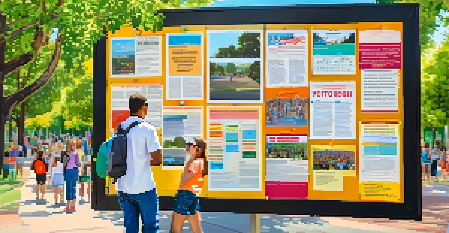 A community bulletin board in a sunny park displaying flyers for local events and updates.