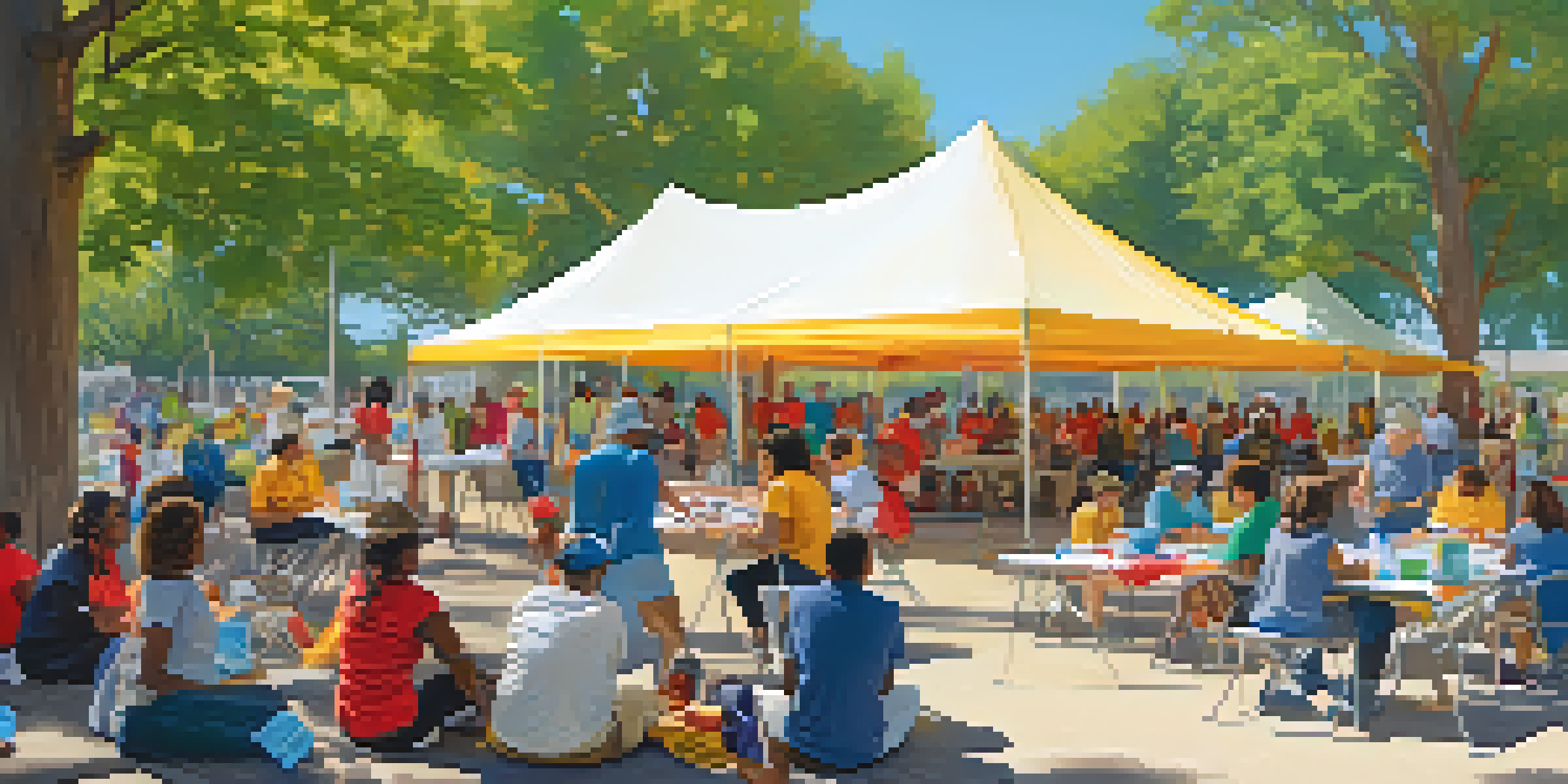 A community workshop in a park with diverse participants learning first aid skills under colorful tents in a sunny setting.