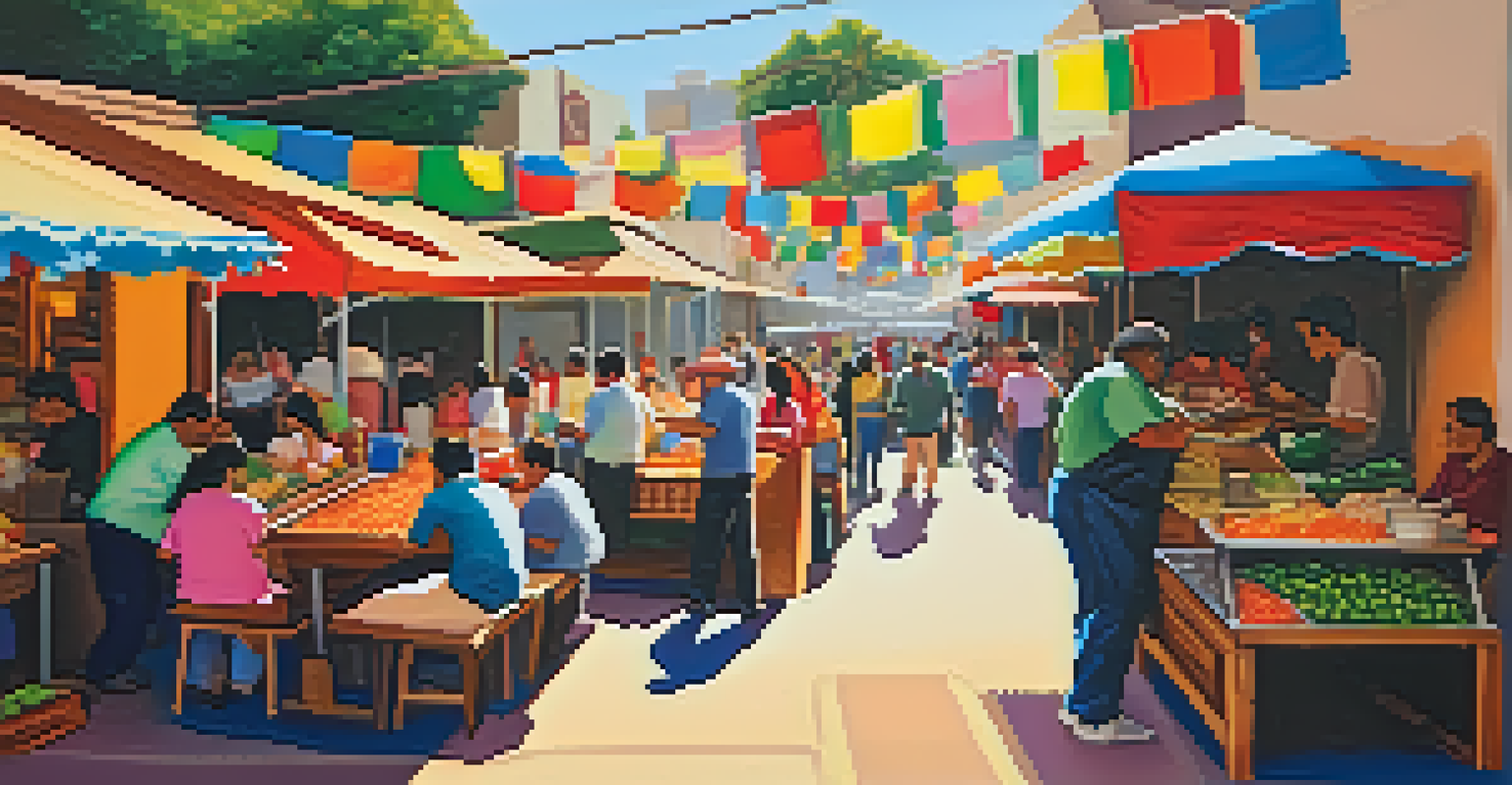 A bustling Mexican street food market with colorful stalls serving tacos and enchiladas.