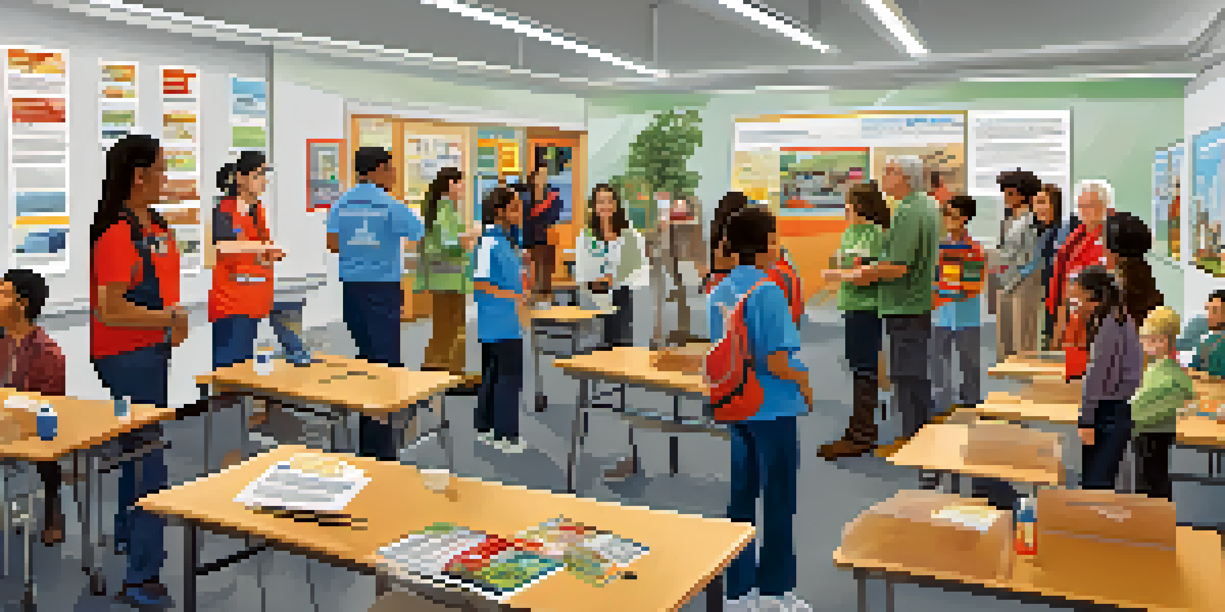 A diverse group of residents participating in a disaster preparedness workshop in a bright classroom, with informative posters and safety kits visible.