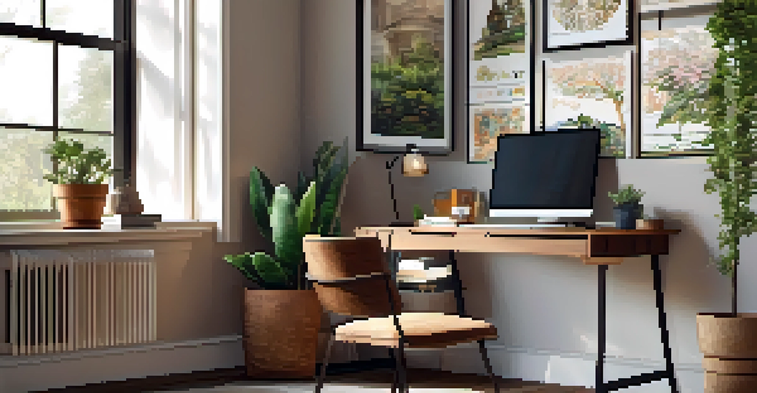 A warm home office with a wooden desk, laptop, plants, and coffee, illuminated by natural light.
