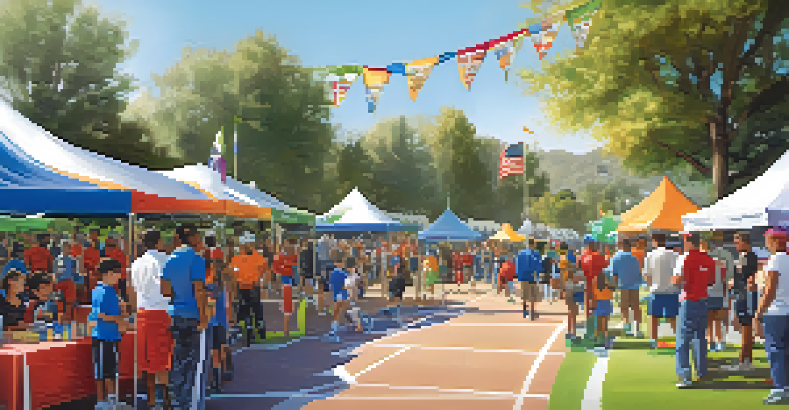 Families enjoying a community sports event, with children trying out sports equipment and colorful banners in the background.