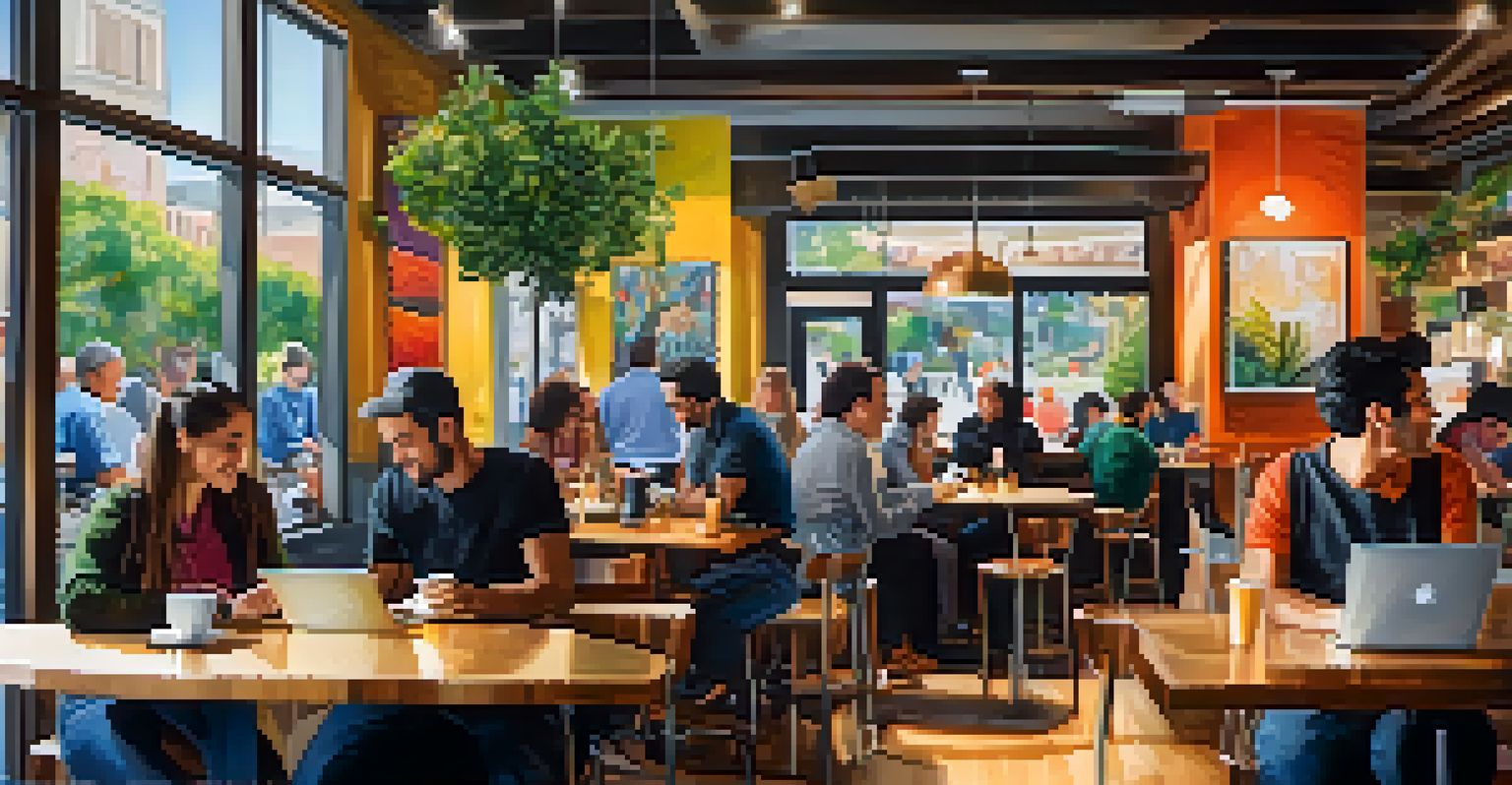 A lively café in Cupertino where customers are using laptops and engaging in conversation, showcasing community and digital connectivity.