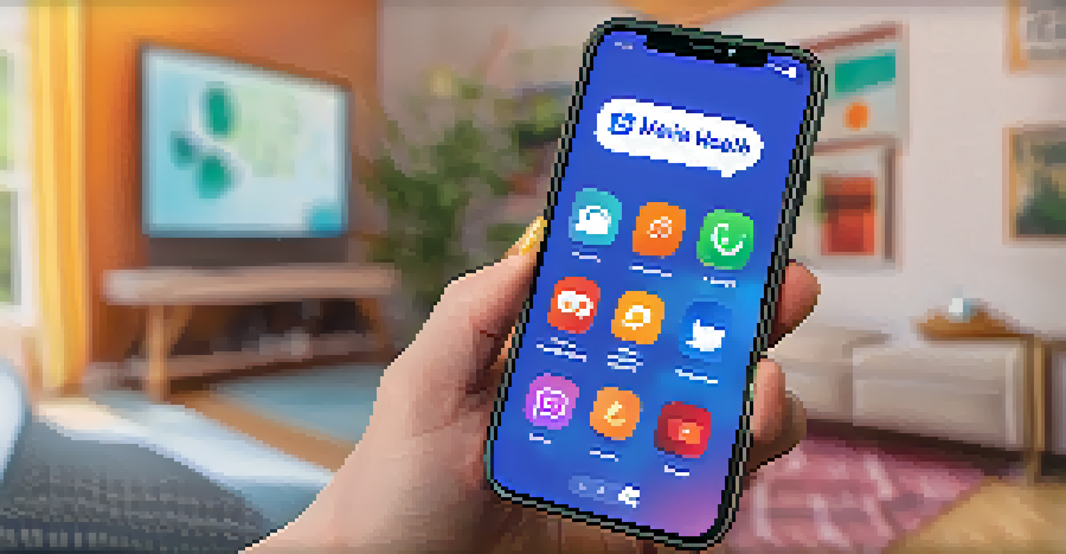 A close-up of a smartphone showing a vibrant social media post about mental health resources in a cozy living room.