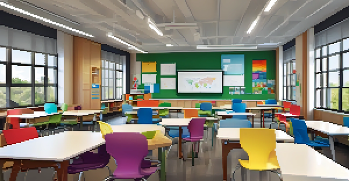A modern classroom filled with students using tablets and laptops, collaborating in groups with interactive whiteboards in the background.