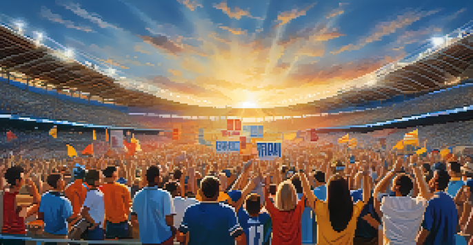 A family cheering in a packed stadium at a local sports event, surrounded by enthusiastic fans and colorful banners.