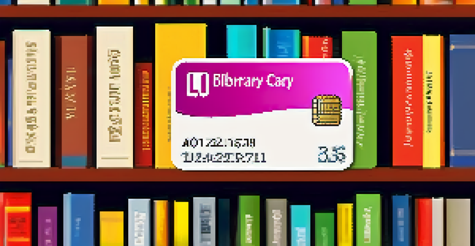 A close-up of a library card on a stack of colorful books with blurred bookshelves in the background.