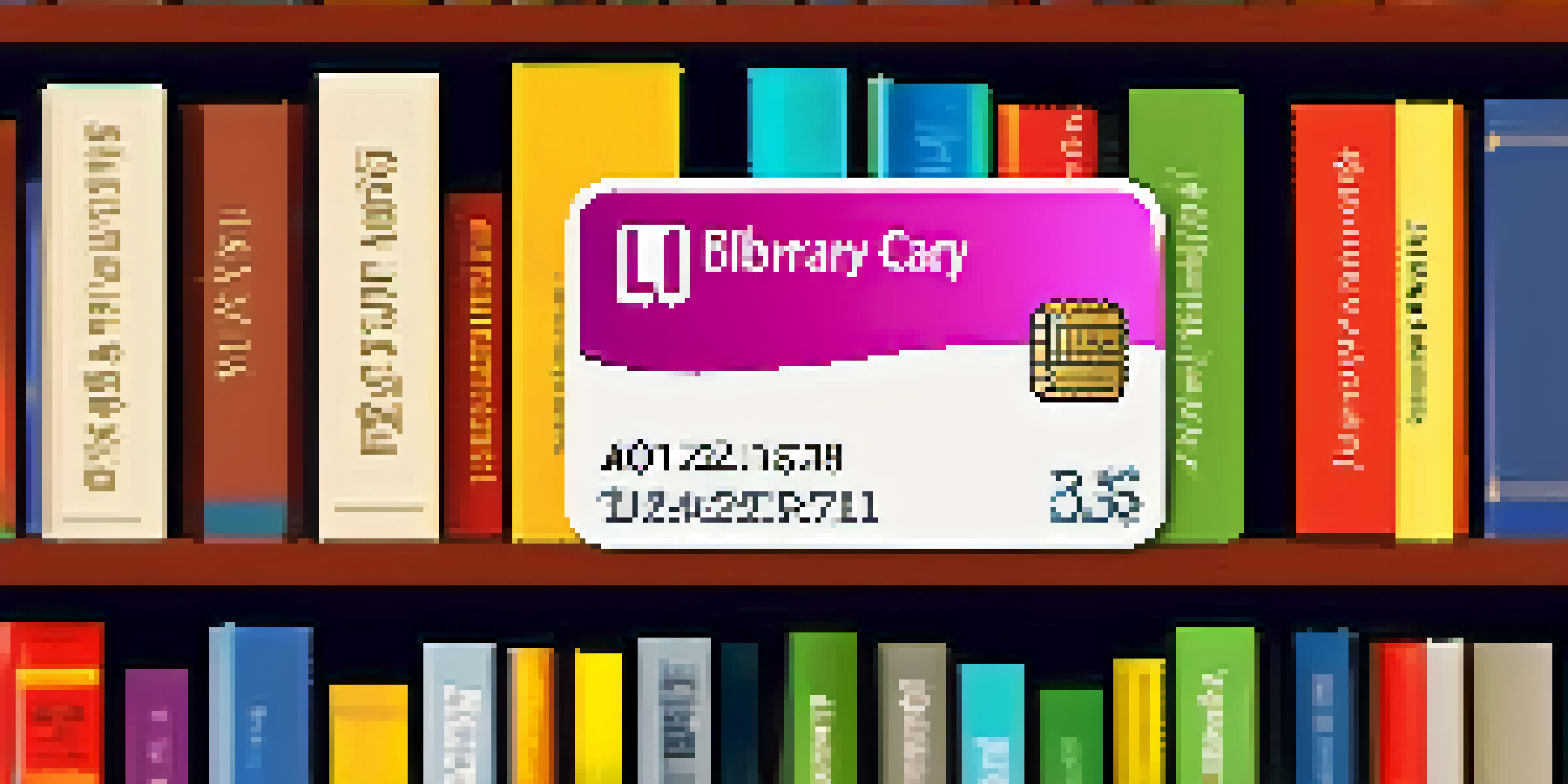 A close-up of a library card on a stack of colorful books with blurred bookshelves in the background.